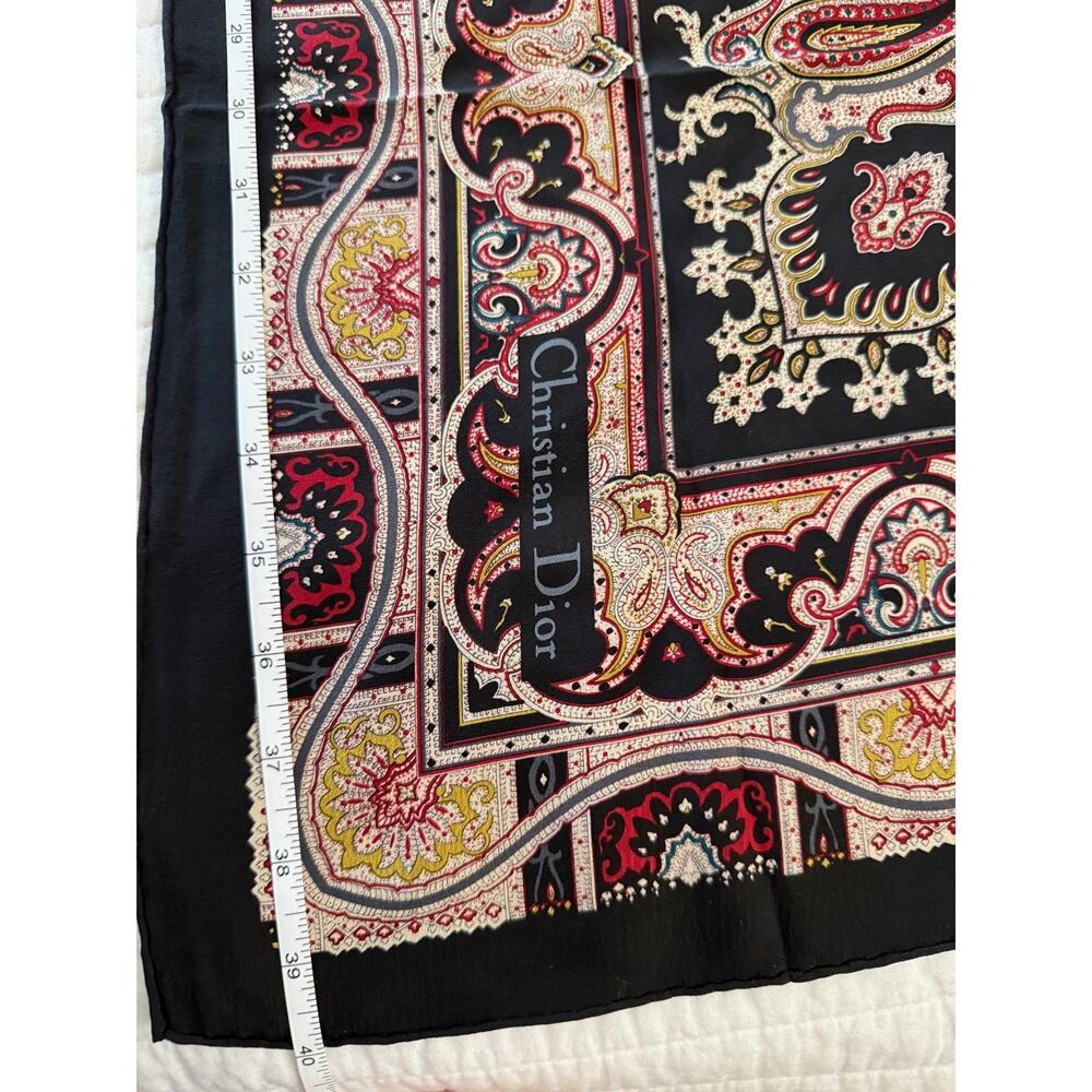 Vintage Christian Dior Scarf Womens One Size Black Silk Paisley Square Logo - Picture 9 of 9